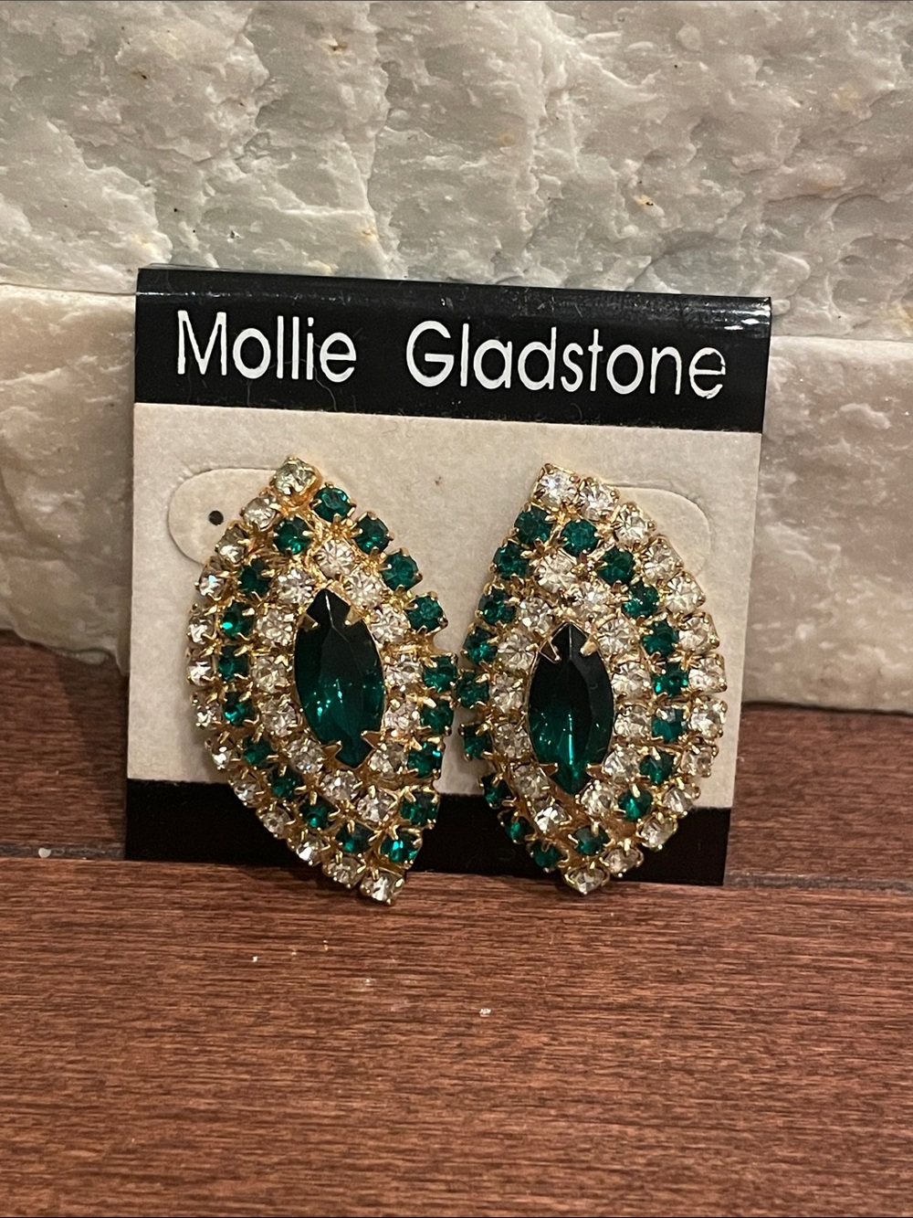 Mollie Gladstone Emerald Green & Clear Crystal Statement Earrings